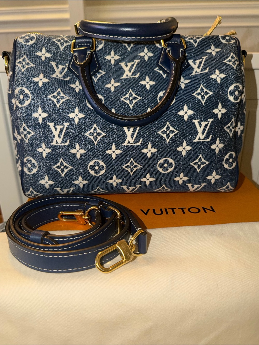 Louis Vuitton Blue & White Monogram Denim Speedy 25 Bandoulière Satchel